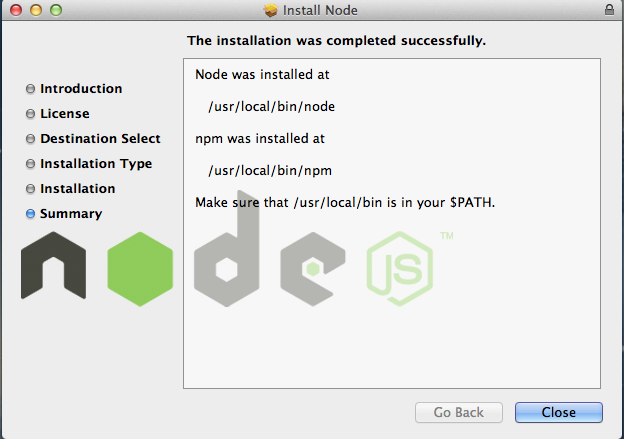 Node.js installer path message