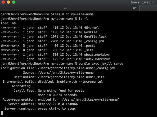 Jekyll serve command output in the terminal