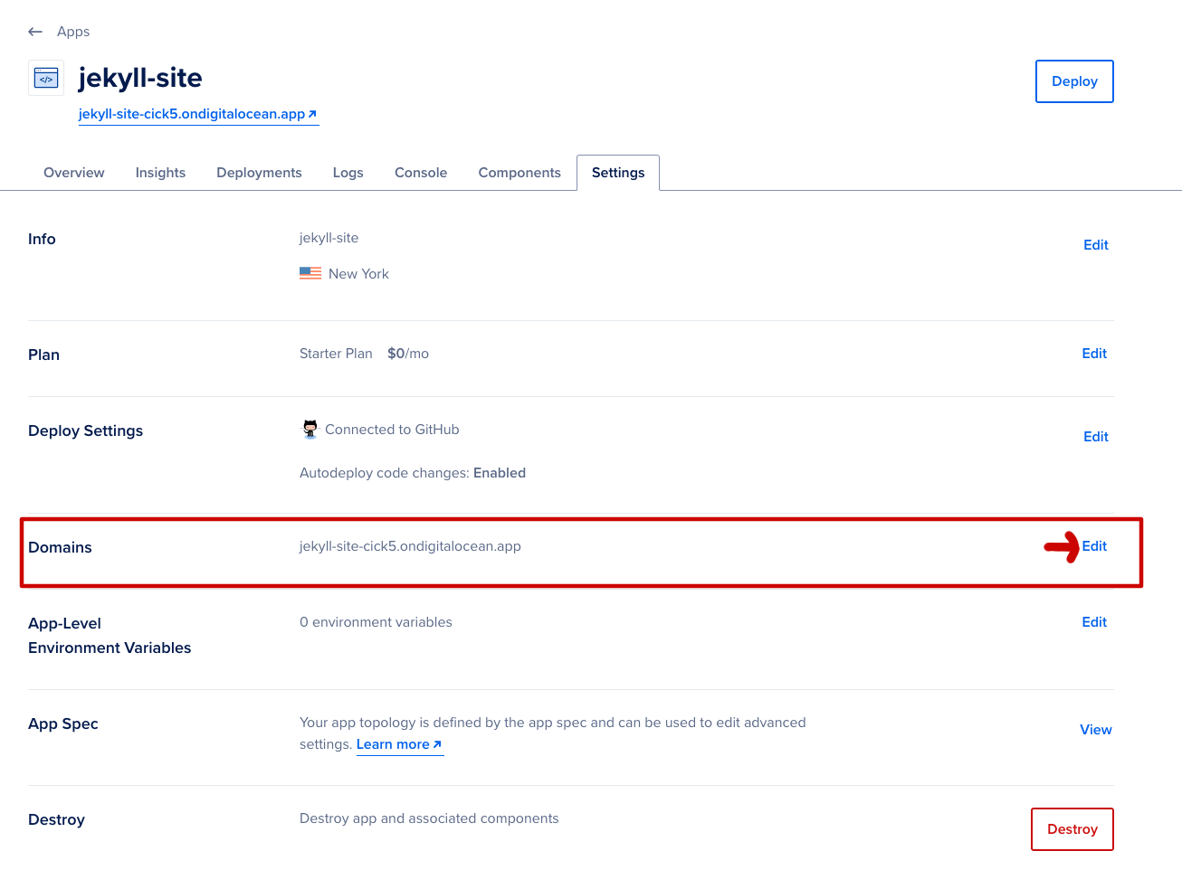 Settings page for domain configuration